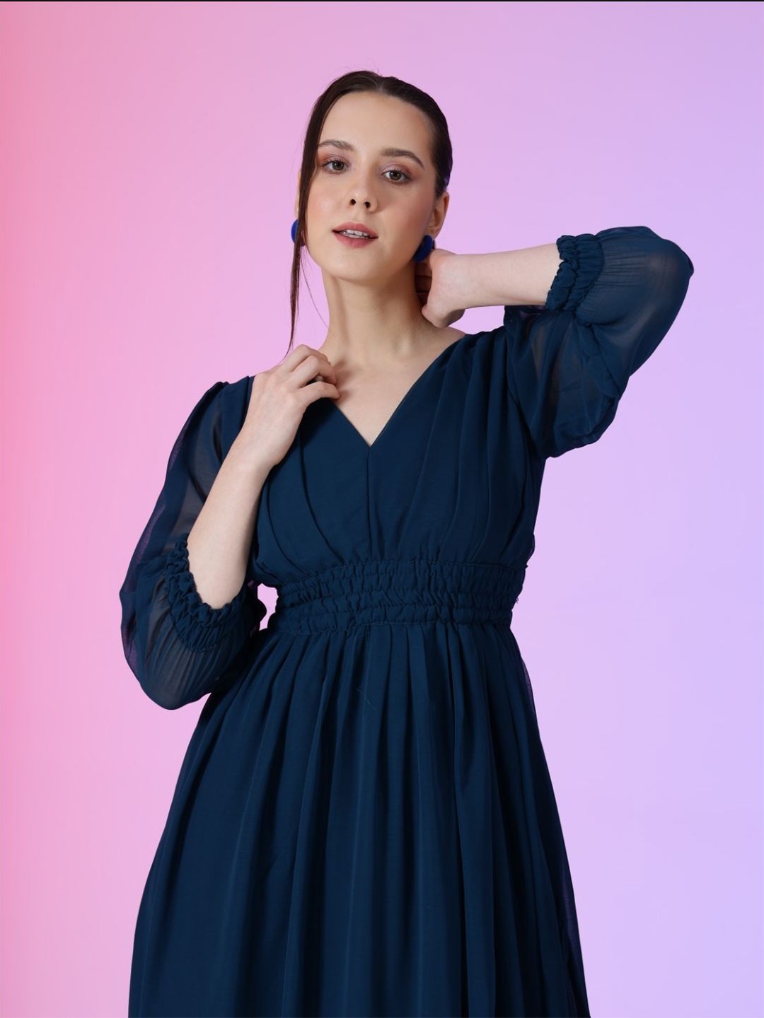 

Femvy Women V-Neck Georgette Fit & Flare Midi Dress, Blue
