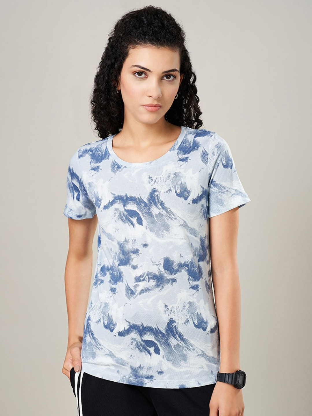 

Ajile by Pantaloons Women Printed Extended Sleeves Raw Edge T-shirt, Blue