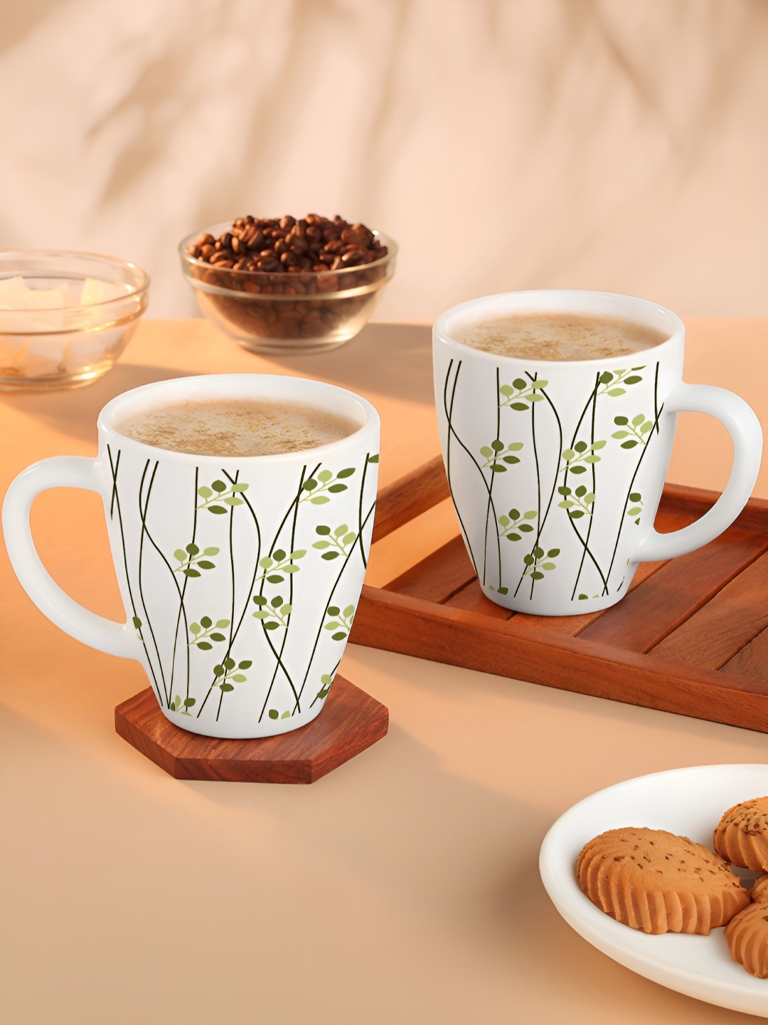 

Larah by BOROSIL White & Green Floral Printed Opalware Matte Mugs Set of Cups and Mugs