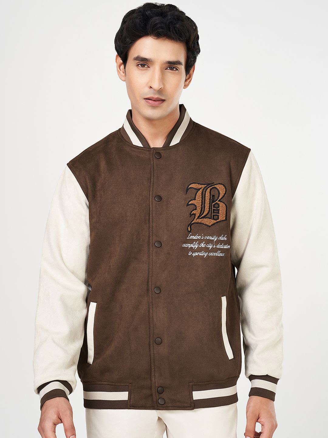 

BYFORD by Pantaloons Men Crop Varsity Jacket with Patchwork, Tan