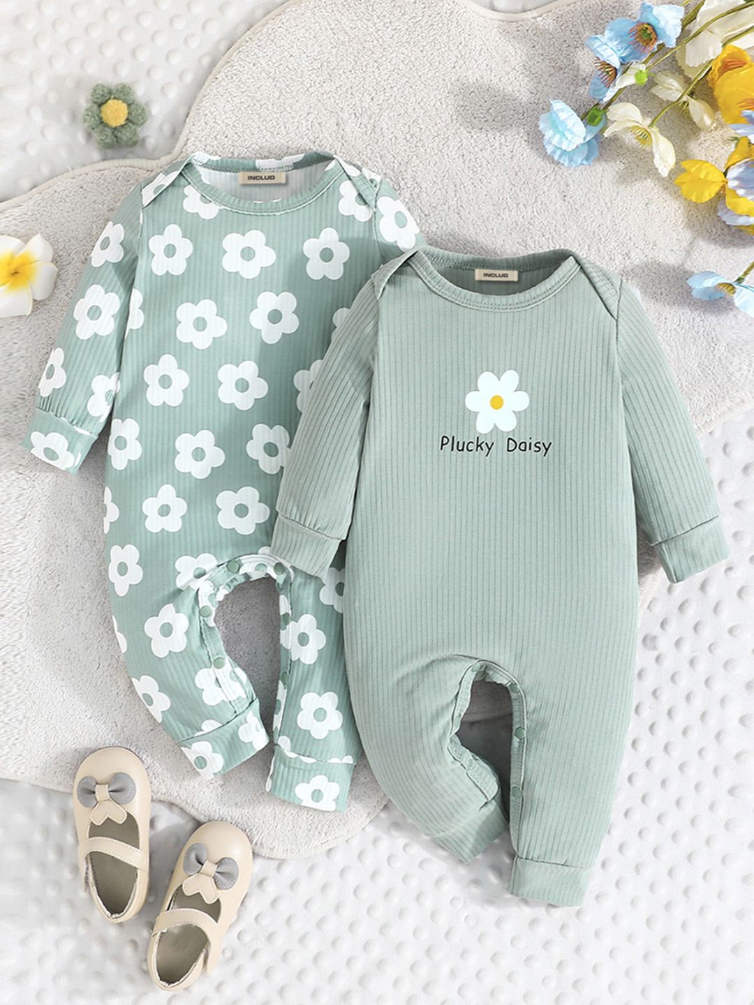 

INCLUD Infants Girls Pack Of 2 Printed Rompers, Green