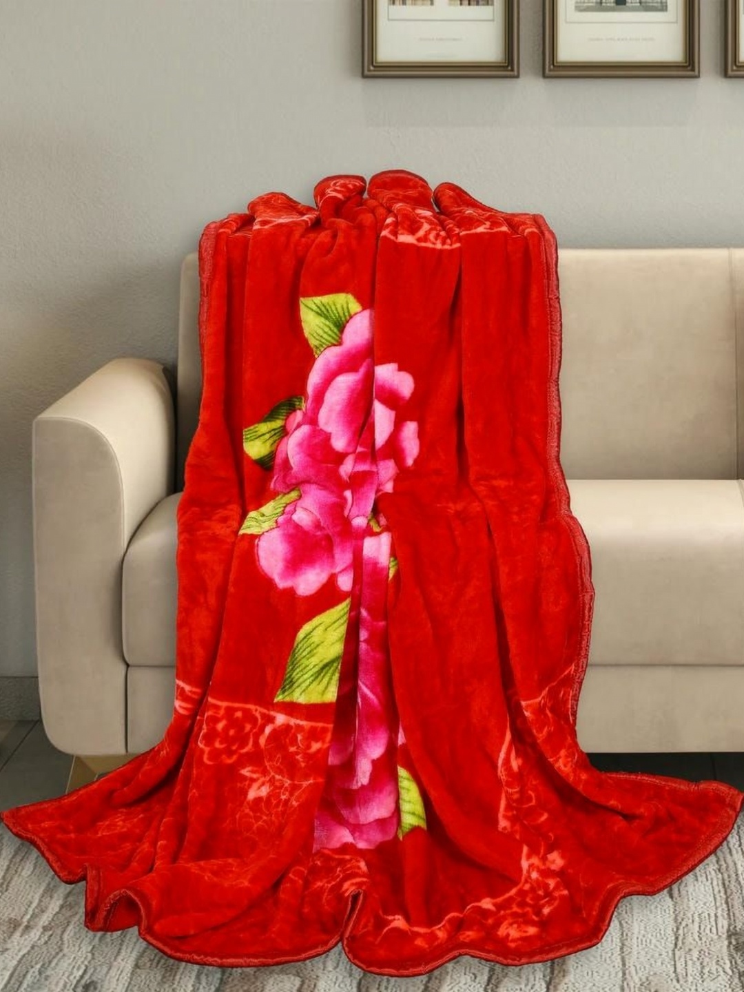 

MAGICAL Red & Pink Floral Mink 400 GSM Double Bed Blanket