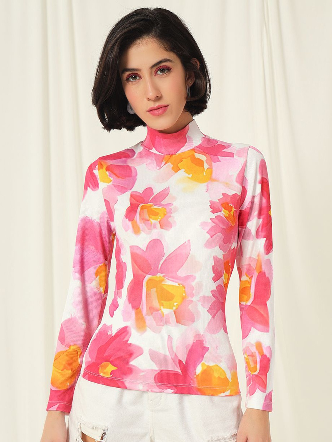 

BAESD Women High Neck Floral Printed Pullover, Pink