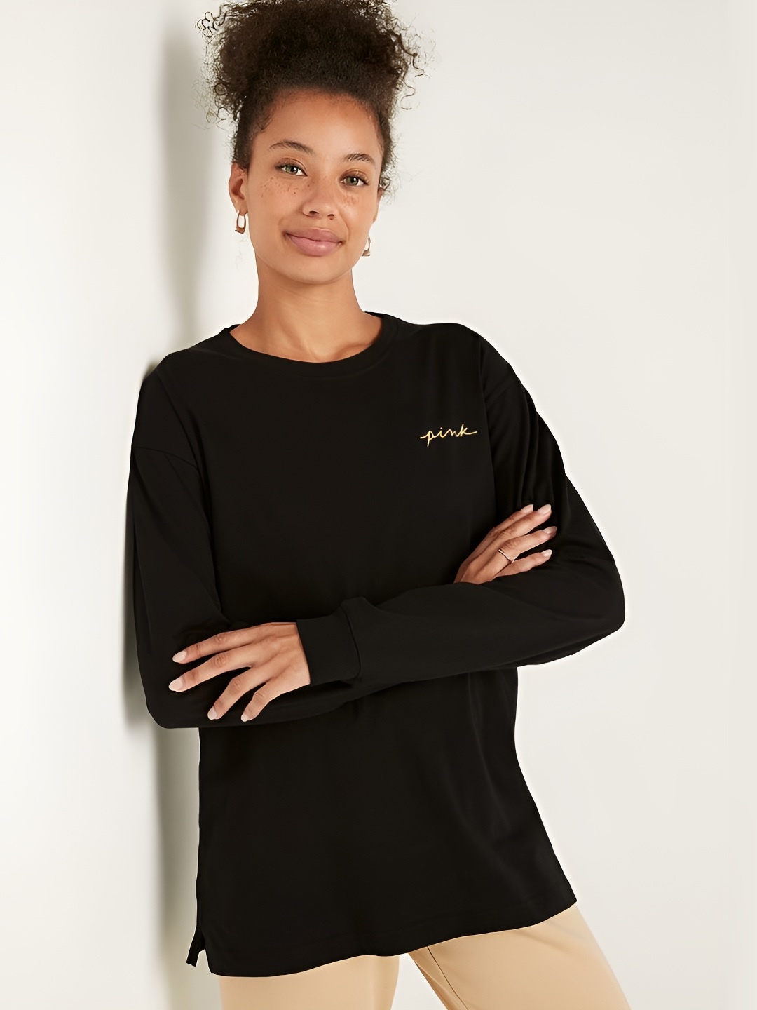 

Victoria's Secret Women Typography Printed Round Neck Cotton T-shirt, Black