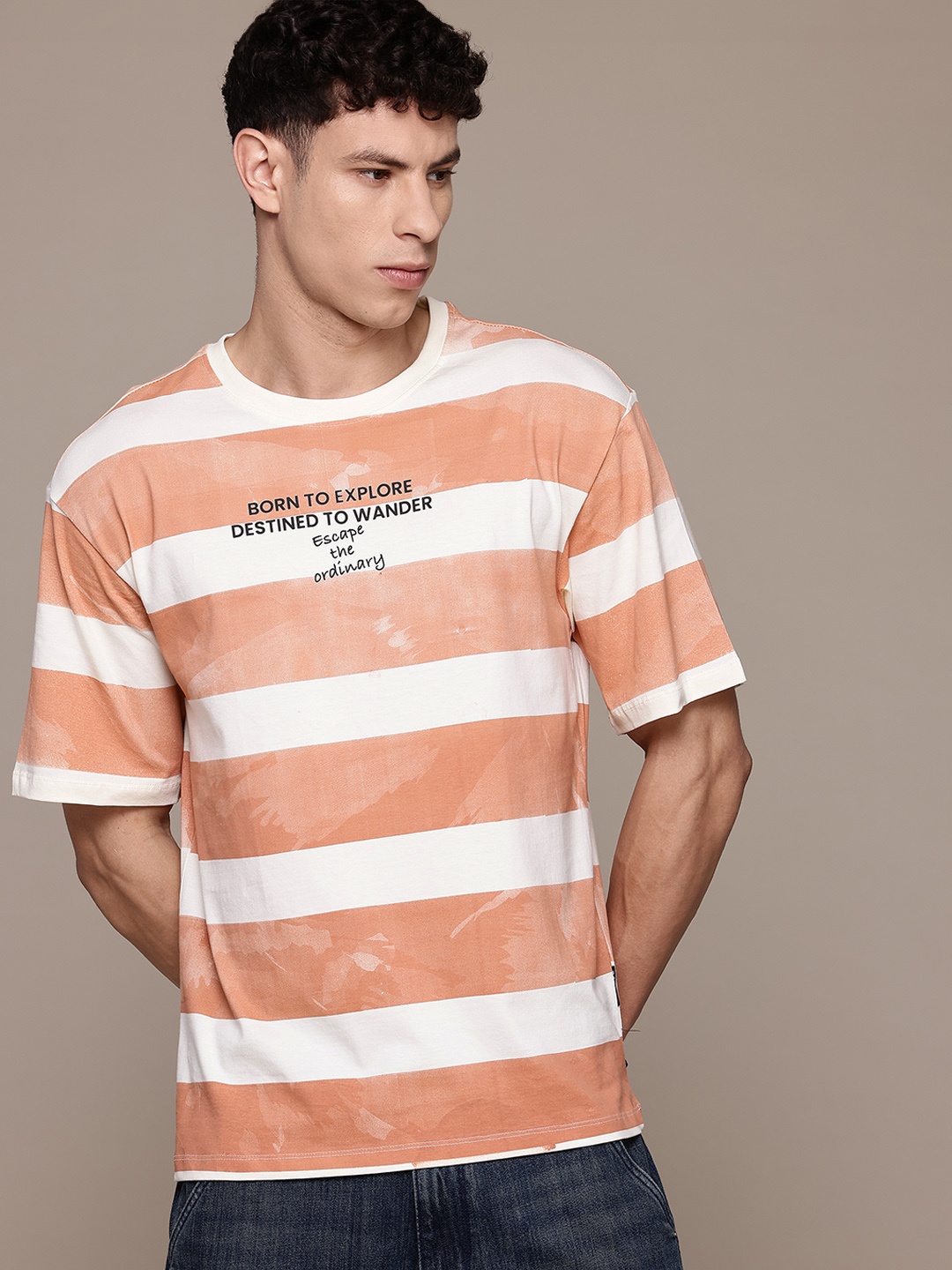 

The Roadster Lifestyle Co. Striped Drop-Shoulder Sleeves Pure Cotton T-shirt, Peach