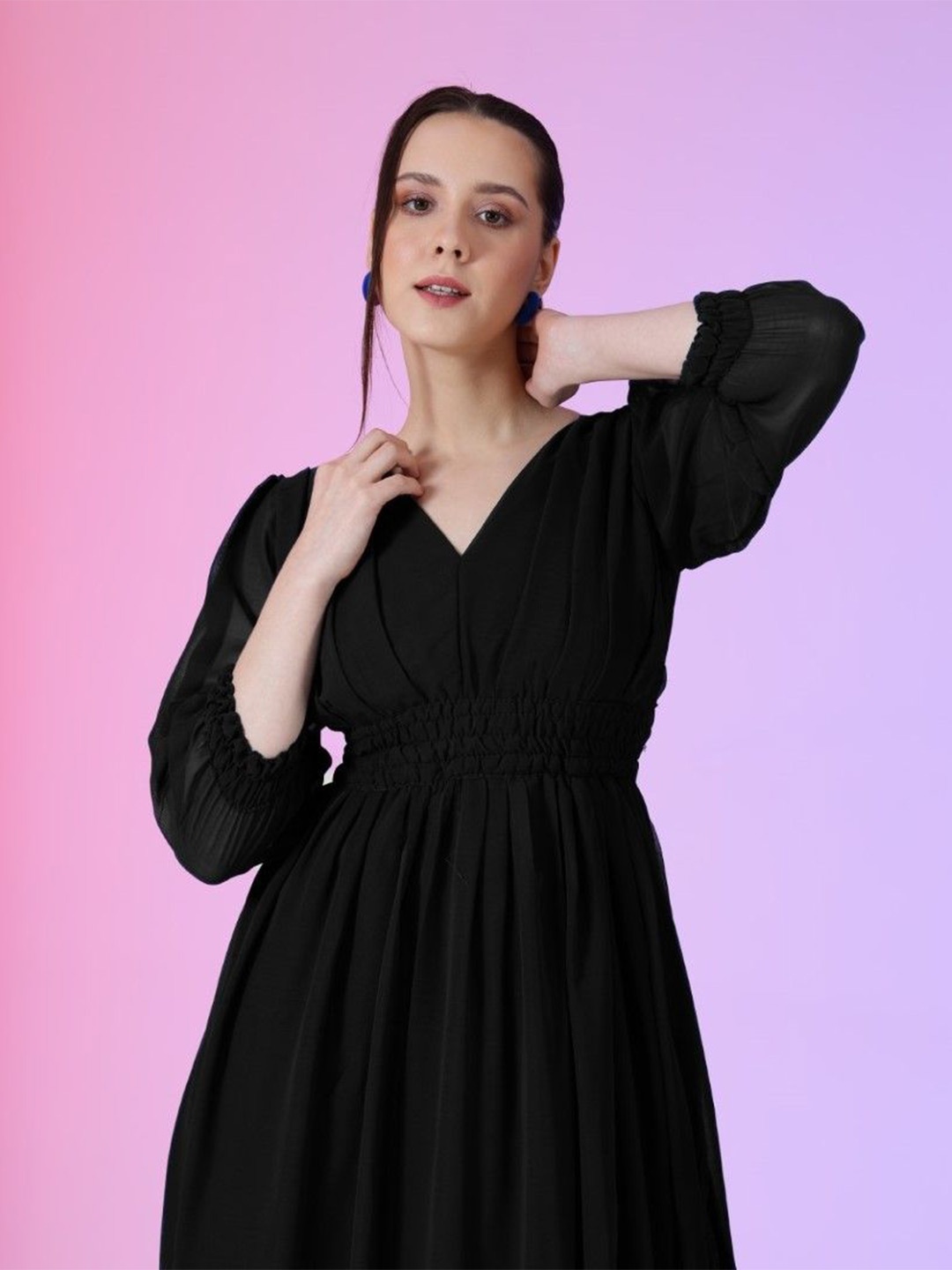 

Femvy Women Puff Sleeves Fit & Flare Maxi Dress, Black