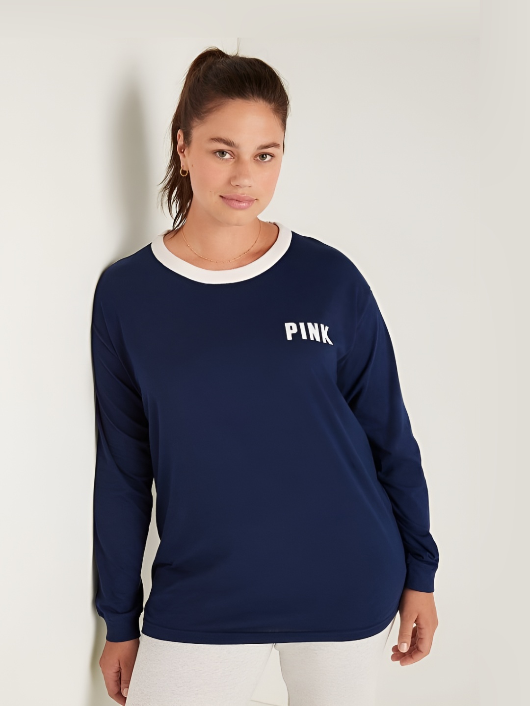 

Victoria's Secret Women Typography Printed Round Neck Cotton T-shirt, Navy blue