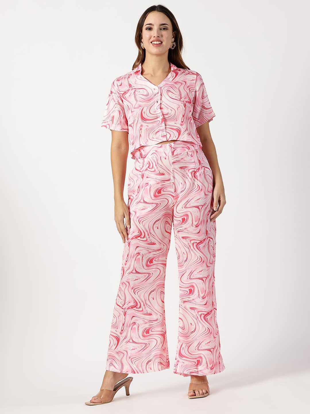 

RAVINIK Printed Shirt Collar Shirt & Trousers Co-Ords, Pink