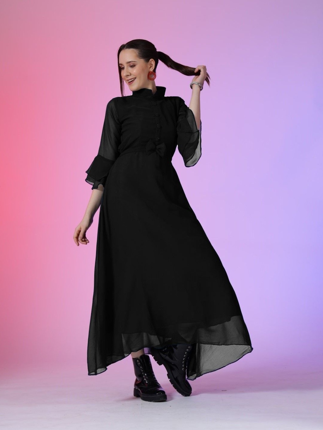 

Krunal Raiyani Georgette High Neck Bell Sleeves Fit and Flare Maxi Dress, Black