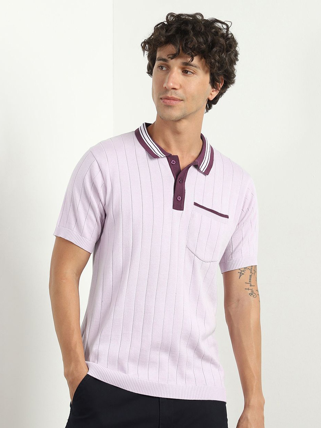 

NOBERO Men Textured Self Design Polo Collar T-shirt, Lavender