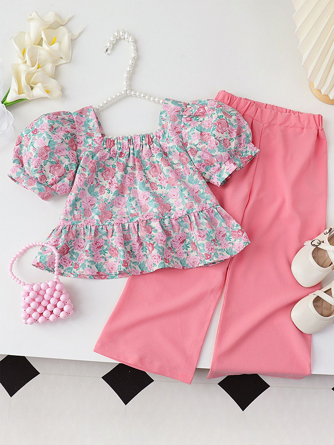 

LULU & SKY Girls Printed Top with Trousers, Pink