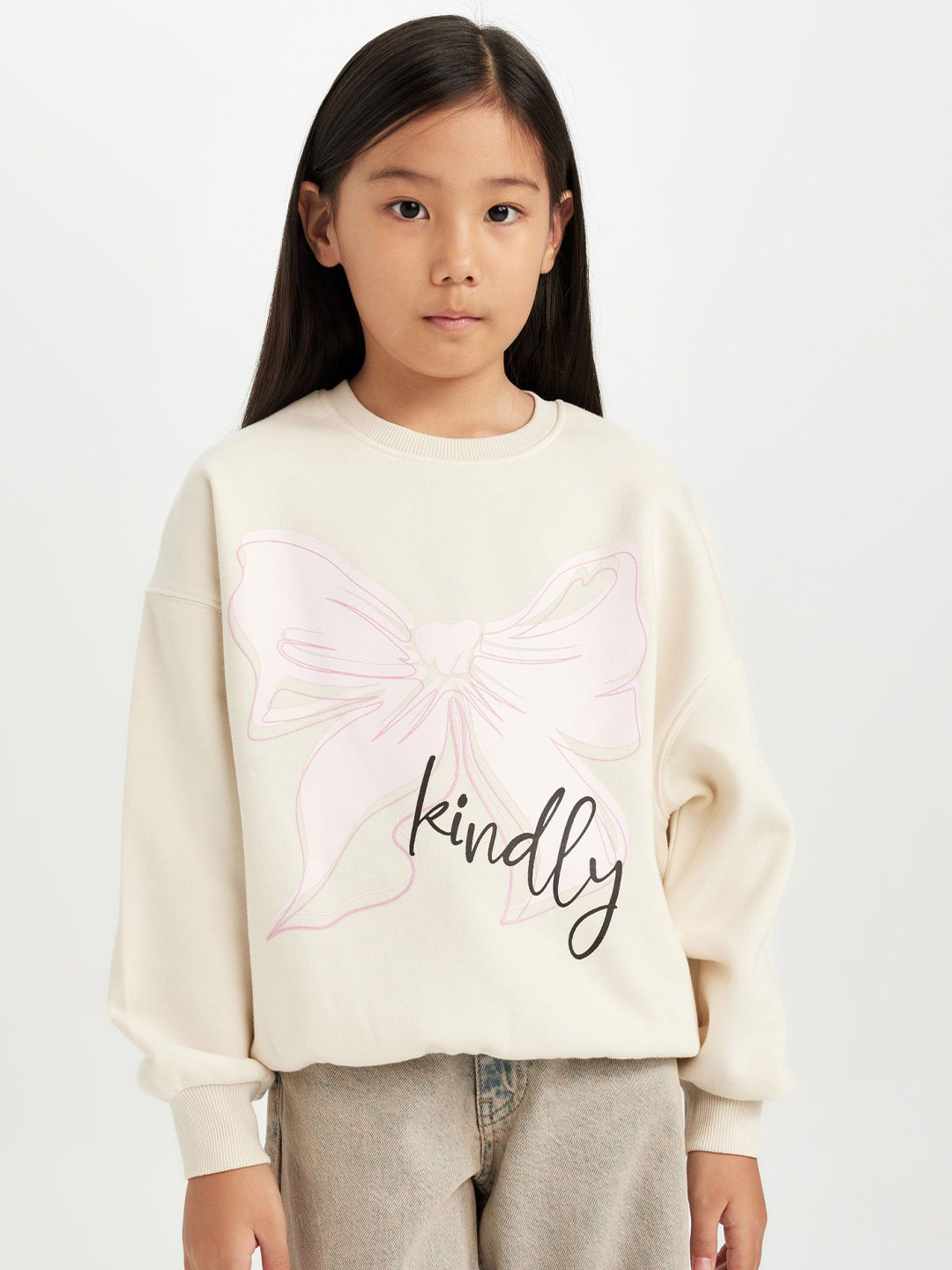 

DeFacto Girls Printed Round Neck Pullover, White