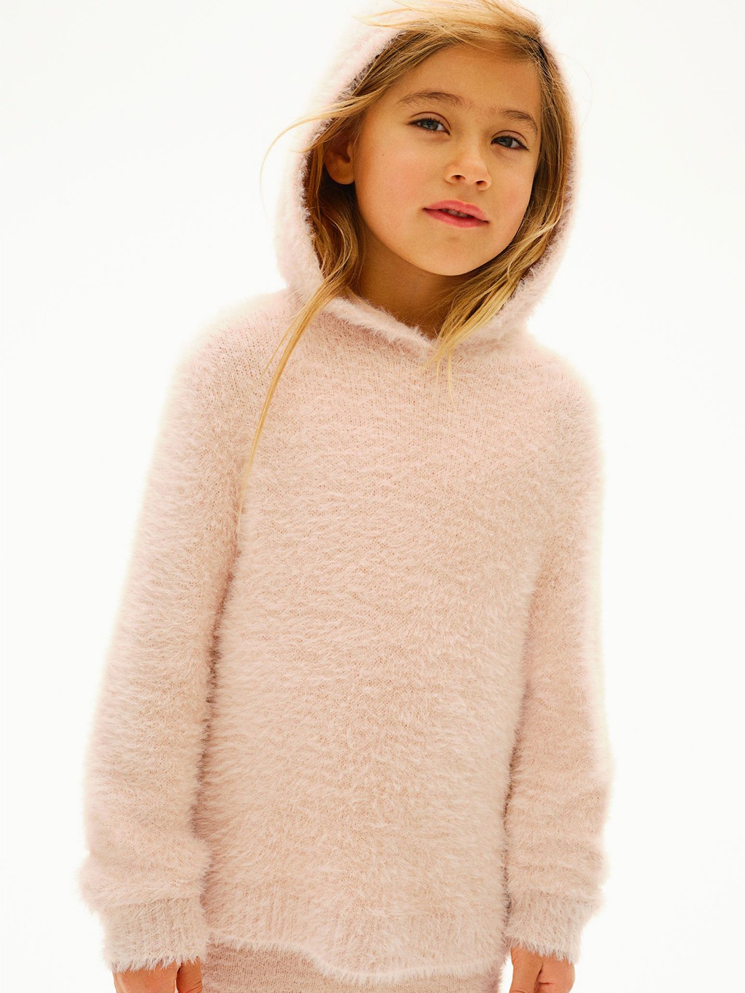 

H&M Girls Fluffy-Knit Ribbed Hooded Sweater, Orange