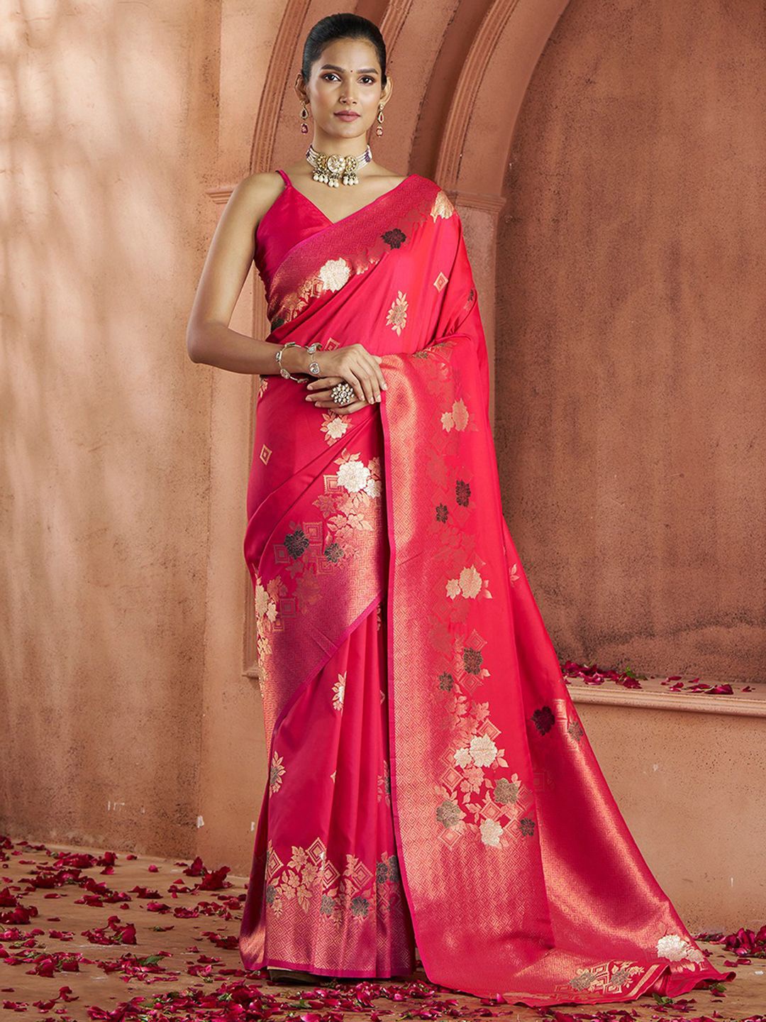 

Satrani Woven Design Zari Pure Silk Banarasi Saree, Pink