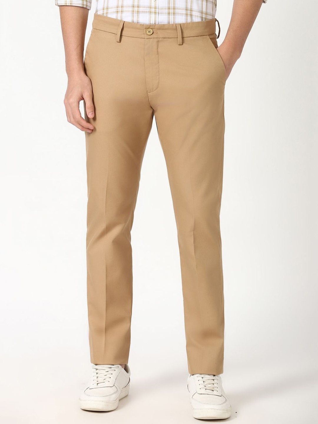 

Peter England Casuals Men Slim Fit Mid-Rise Cotton Trousers, Beige