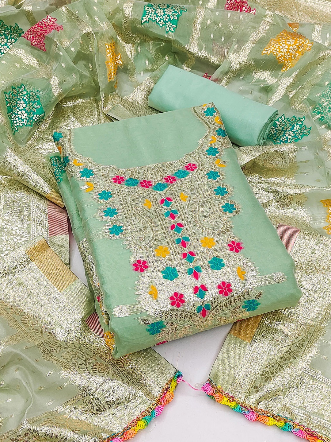 

Maroosh Embellished Organza Unstitched Dress Material, Sea green