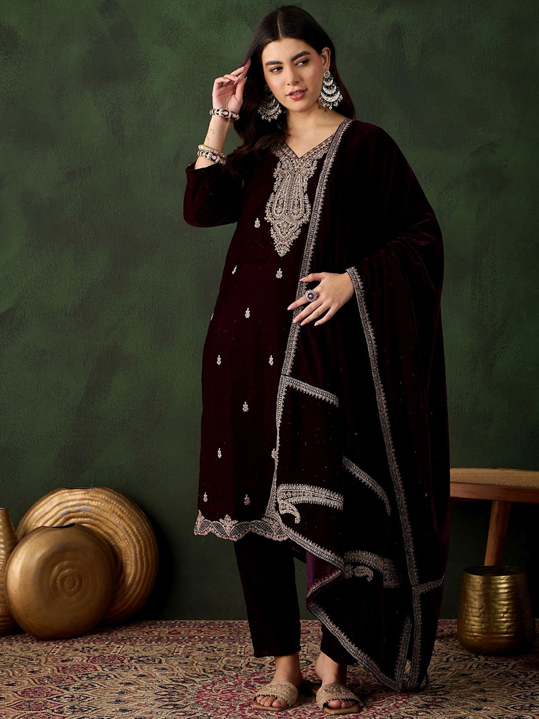 

Sangria Floral Embroidered Straight Kurta & Trousers With Dupatta, Purple