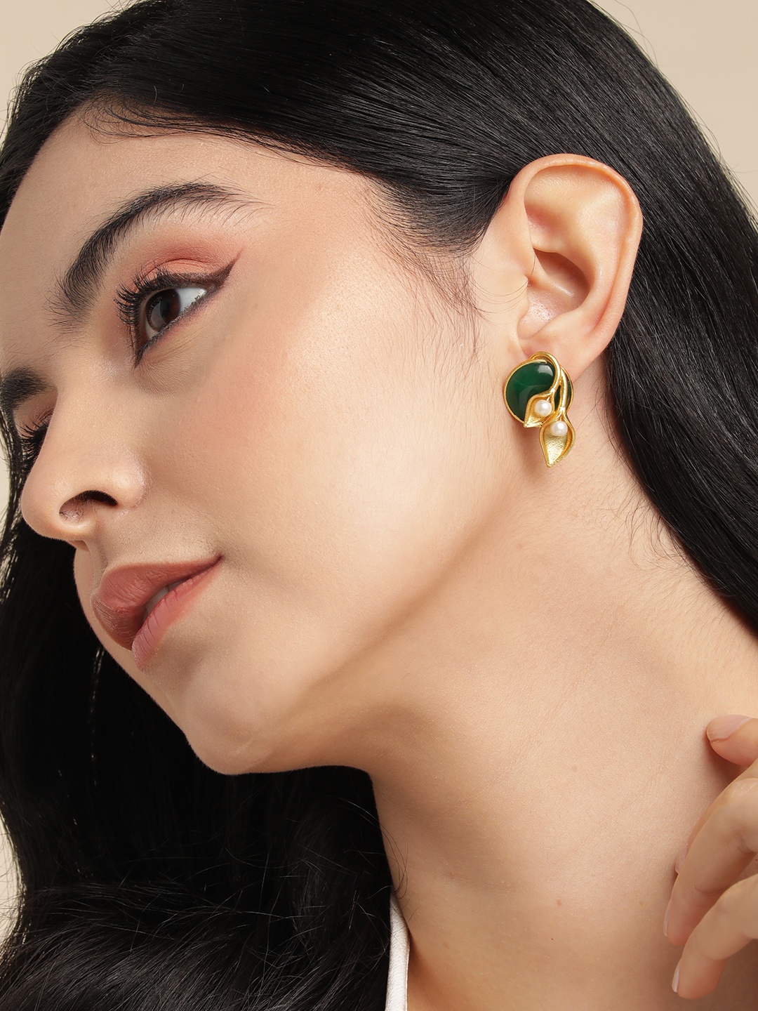 

Anouk Gold Plated Beaded Leaf Shaped Studs Earrings, Green