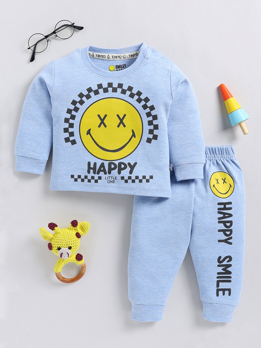 

YK X Tinyo Infant Boys Printed Pure Cotton T-shirt with Joggers, Blue