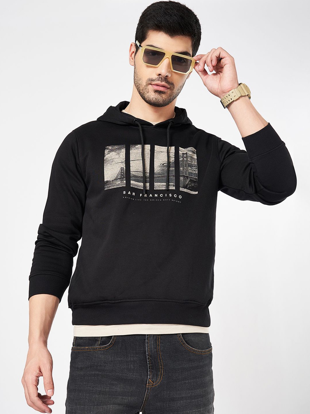 

SF JEANS by Pantaloons Men Printed Hooded Sweatshirt, Black