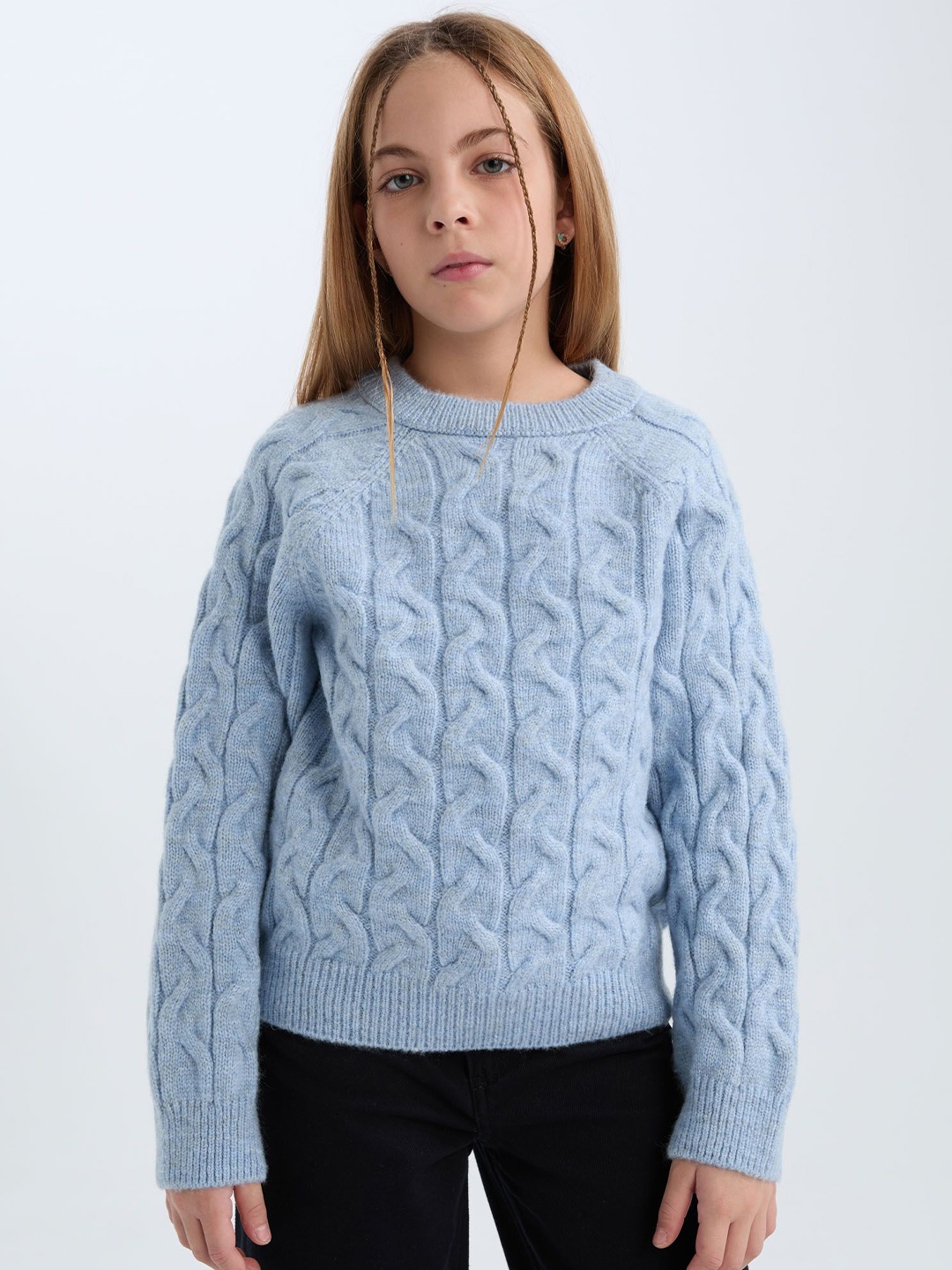 

DeFacto Girls Self Design Cable Knit Pullover, Blue