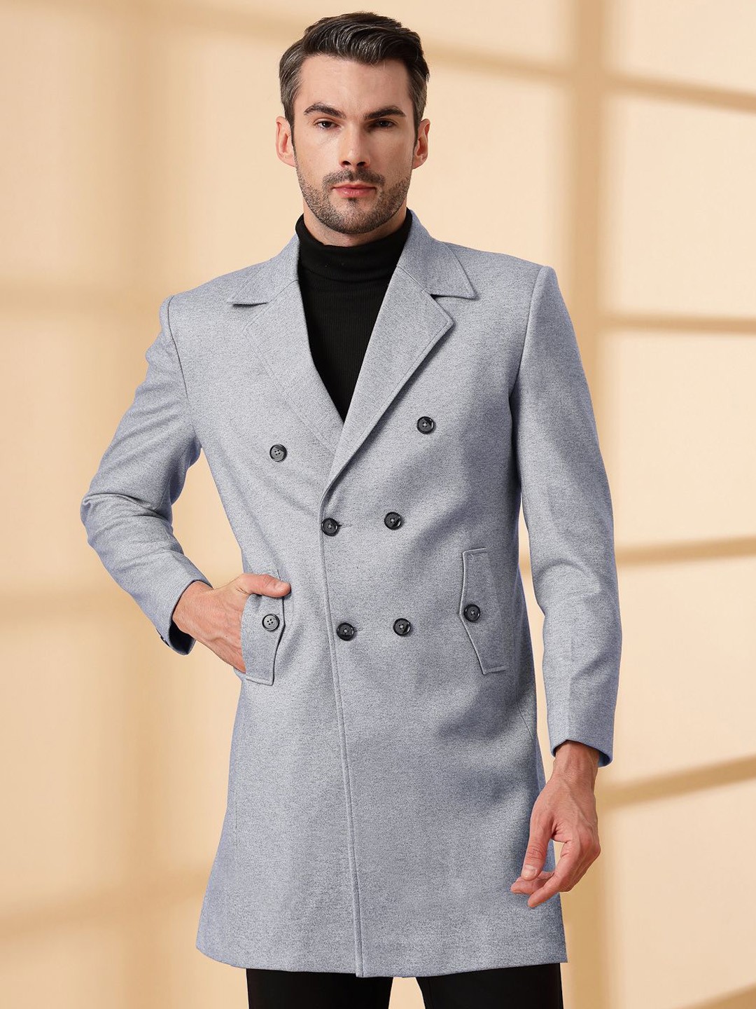 

KLOTTHE Notched Lapel Double Breasted Woollen Trench Coat, Grey