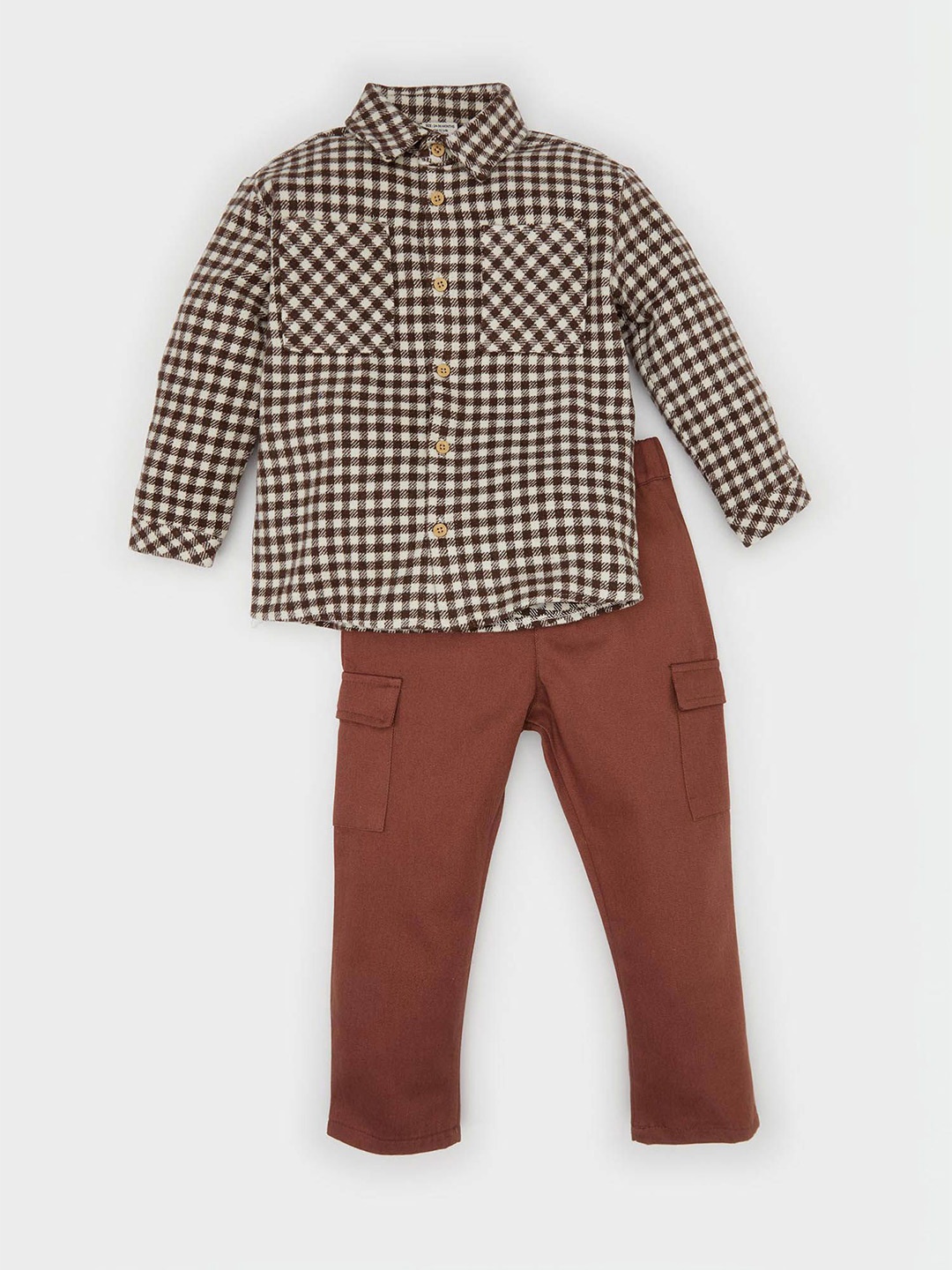 

DeFacto Boys Checked Shirt with Trousers, Brown
