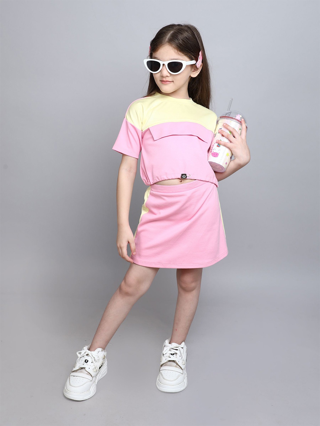 

taffykids Girls Colourblocked T-shirt with Skirt, Pink