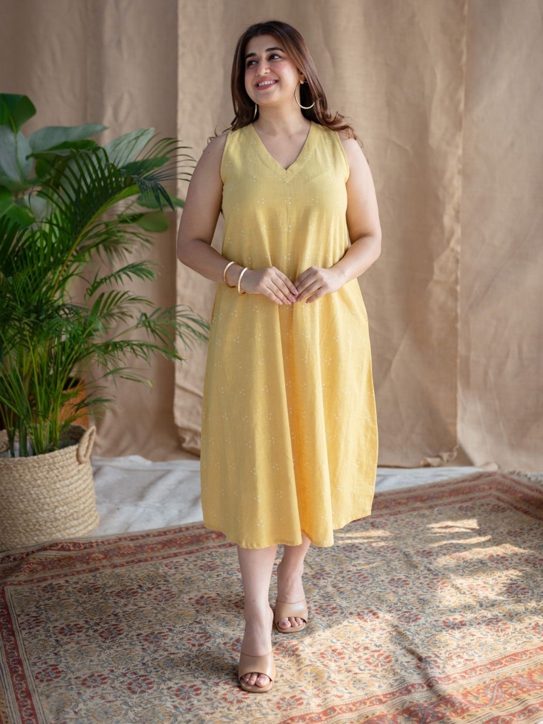 

THE INDIAN ETHNIC CO Polka Dot Print A-Line Midi Dress, Yellow