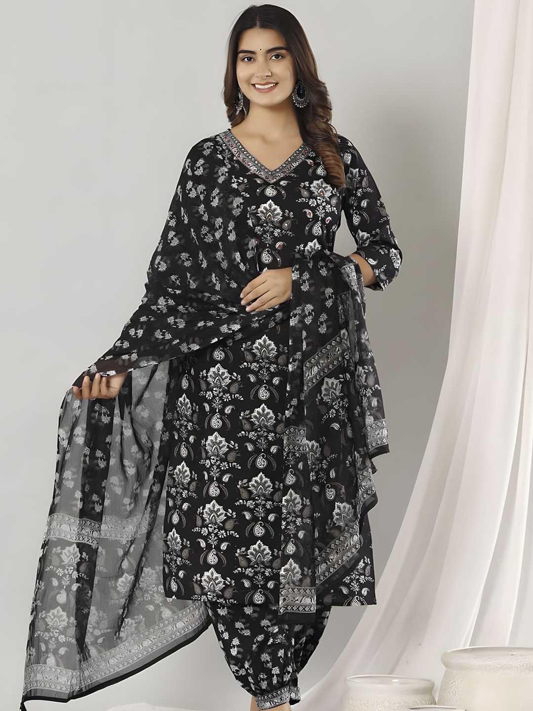 

KALINI Women Floral Printed Regular Pure Cotton Kurta with Dhoti Pants & With Dupatta, Black
