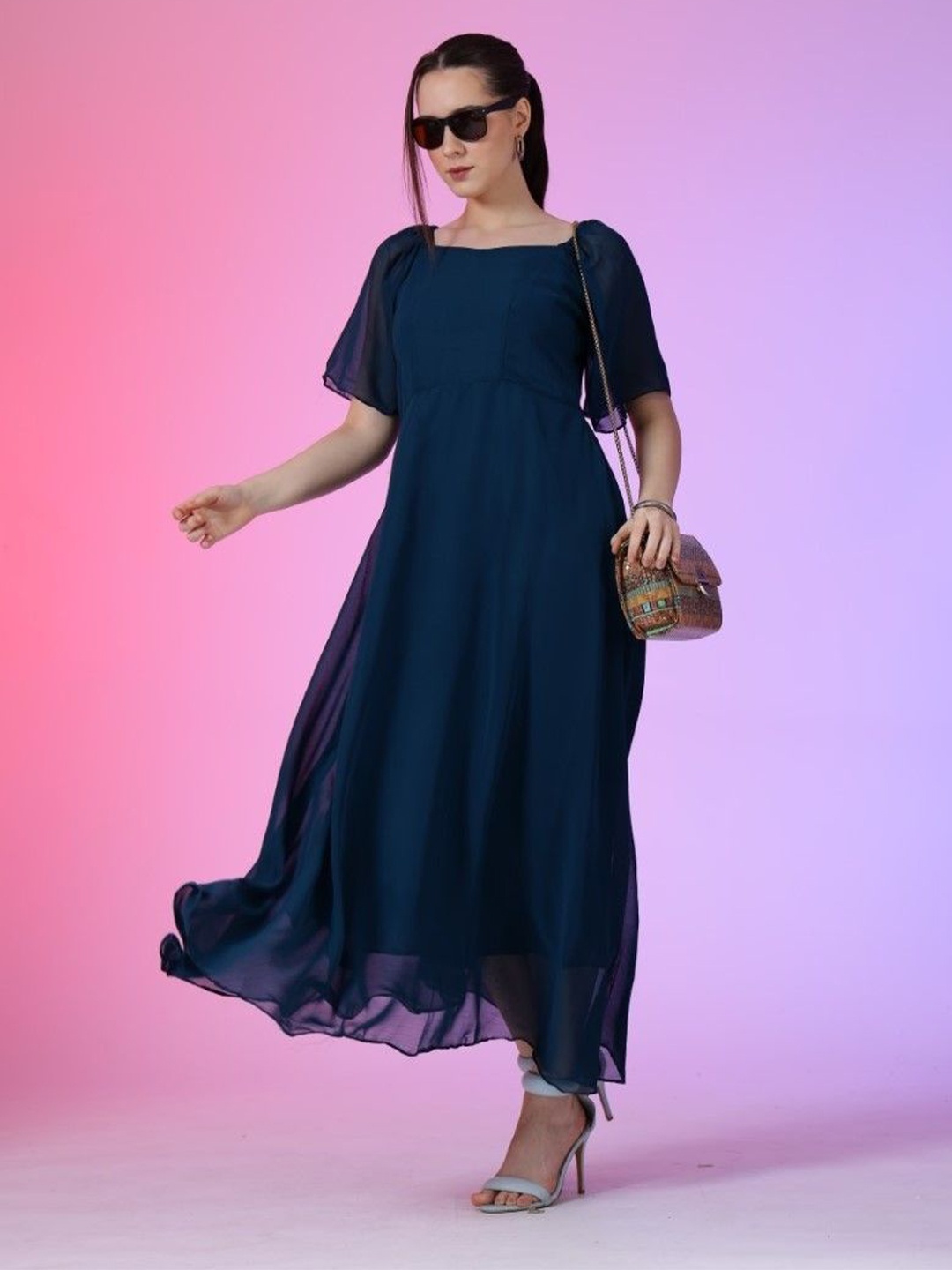 

Femvy Women Fit & Flare Bell Sleeve Maxi Dress, Blue