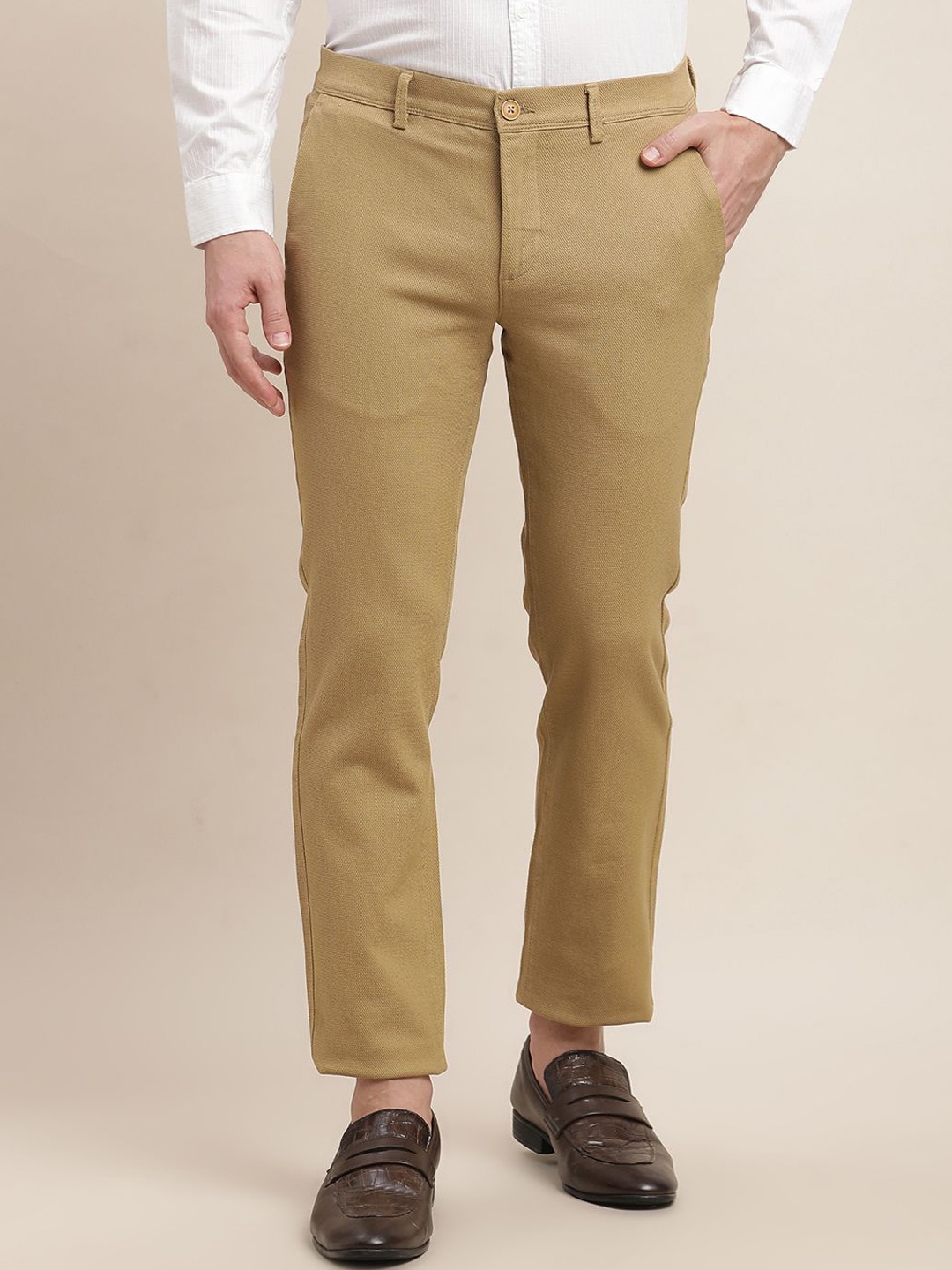 

Turtle Men Cotton Relaxed Skinny Fit Mid-Rise Formal Trousers, Beige