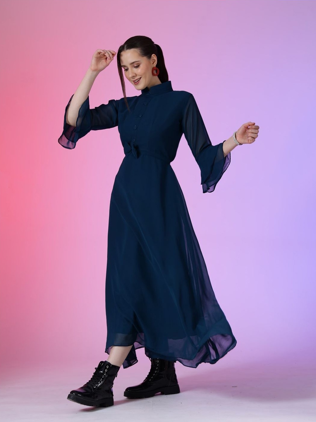

Krunal Raiyani Peter Pan Collar Flared Sleeve Fit & Flare Maxi Dress, Blue