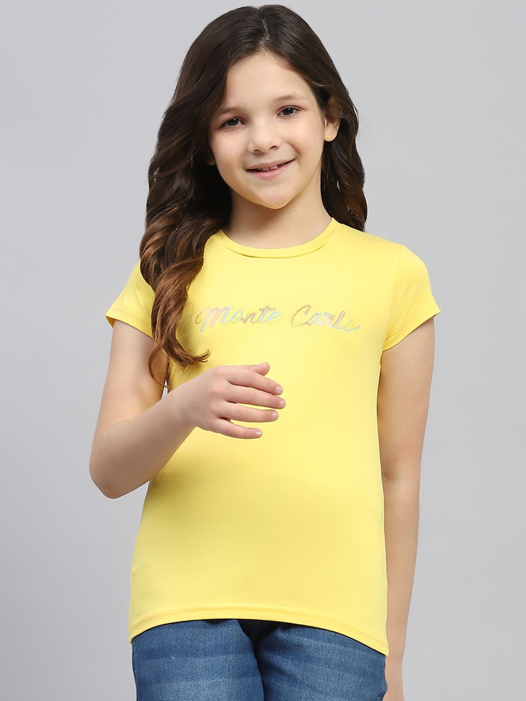 

Monte Carlo Girls Typography Printed Round Neck Half Sleeve Casual Top, Yellow