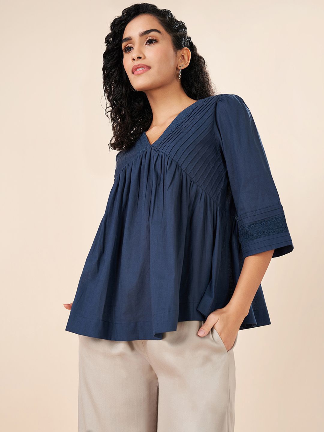 

AKKRITI BY PANTALOONS Women Embroidered Empire Cotton Top, Blue