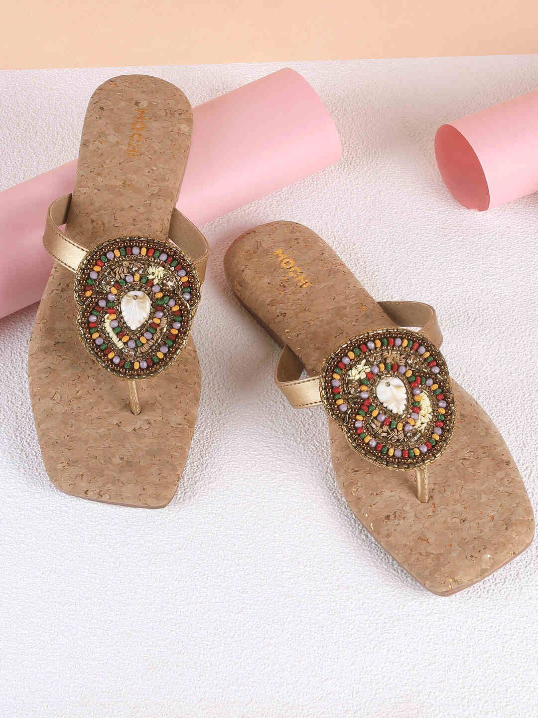 

Mochi Women Embroidered Open-Toe Flats, Taupe