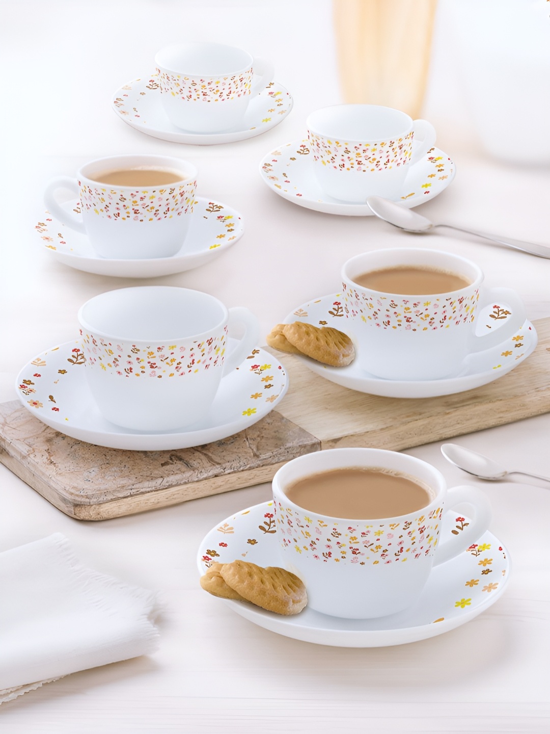 

Larah by BOROSIL White & Pink Floral Printed Opalware Matte Cups Set of Cups and Mugs