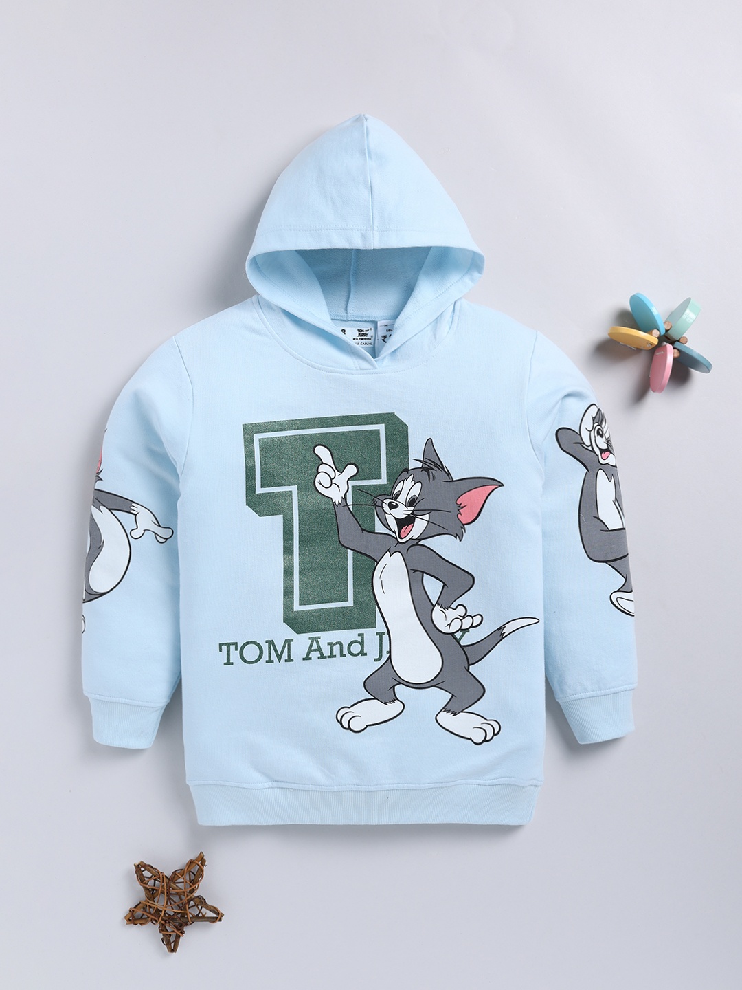 

YK X Minute Mirth Girls Tom and Jerry Printed Hooded Sweatshirt, Blue