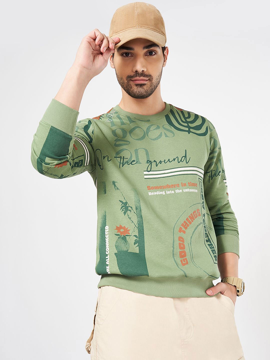 

Urban Ranger by pantaloons Men Printed Round Neck Pullover Sweatshirt, Olive