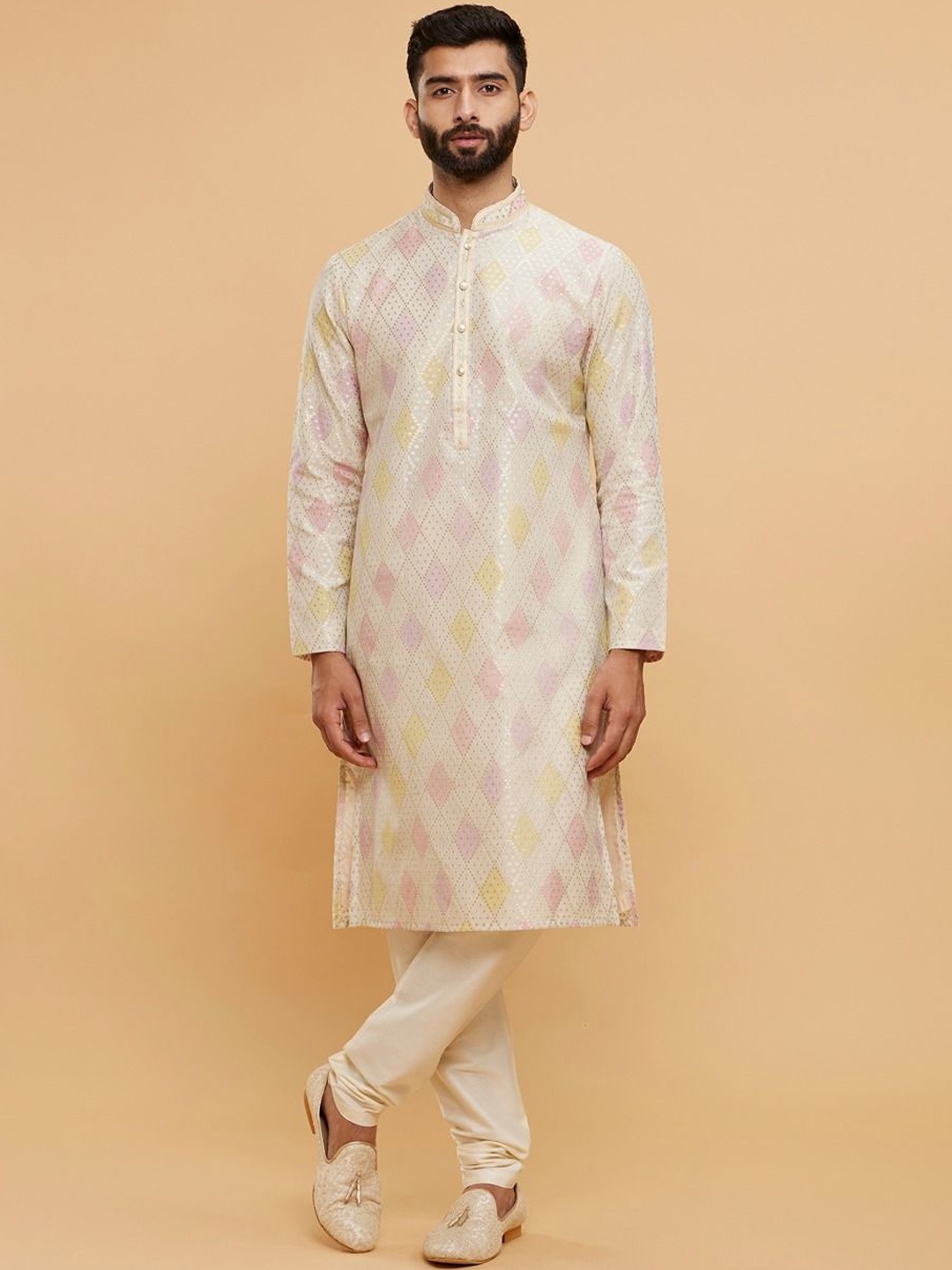 

Twamev Men Embroidered Regular Thread Work Chanderi Cotton Kurta with Churidar, Beige