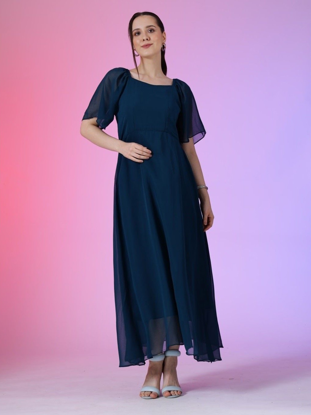 

Krunal Raiyani Women Bell Sleeve Fit & Flare Maxi Dress, Blue