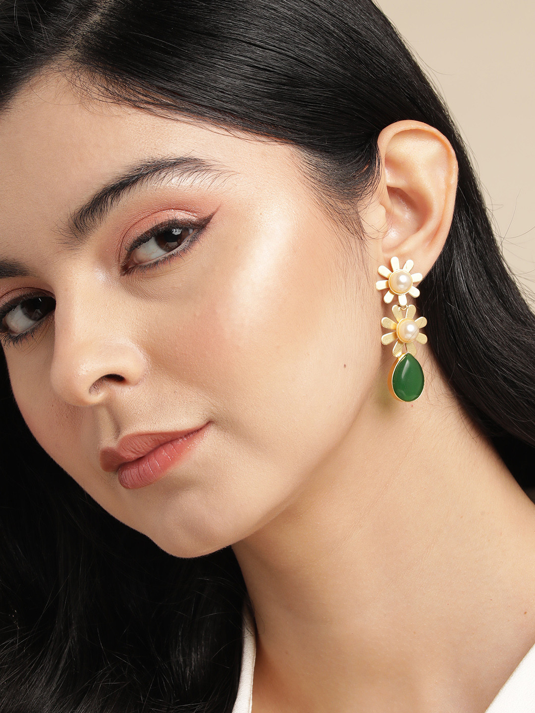 

Anouk Gold Plated Beaded Floral Drop Earrings, Green