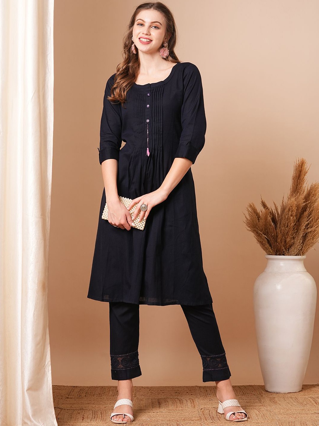 

FASHOR Pure Cotton Round Neck Tunic With Trousers Co-Ords, Black