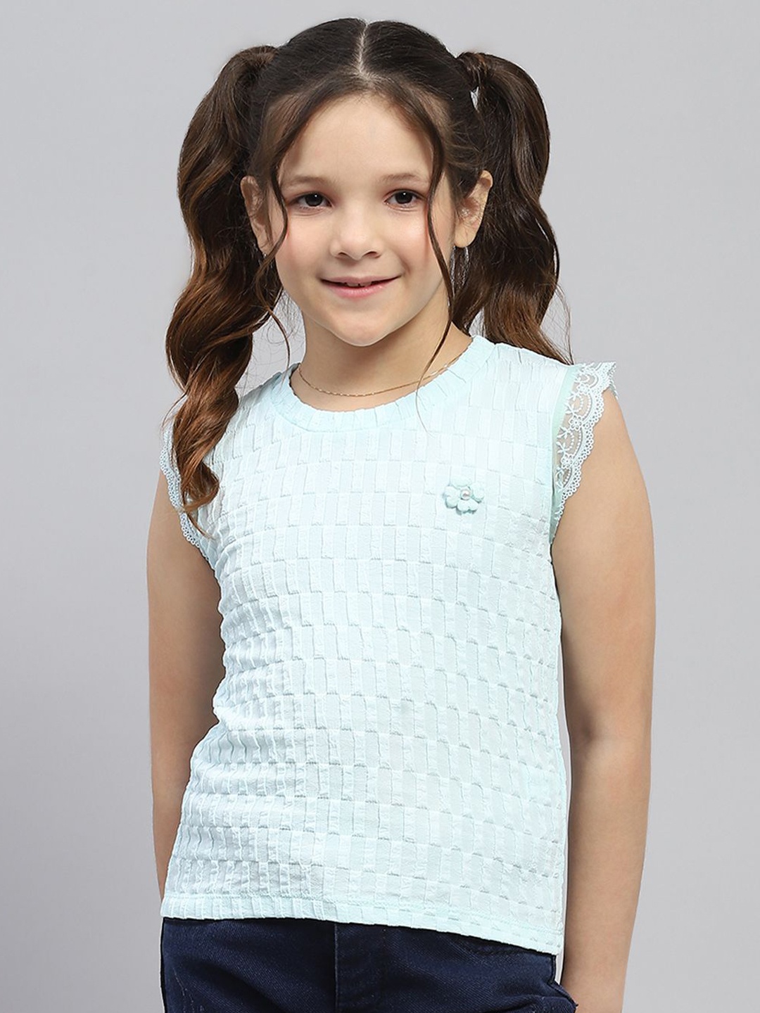 

Monte Carlo Girls Round Neck Lace Detailed Top, Blue