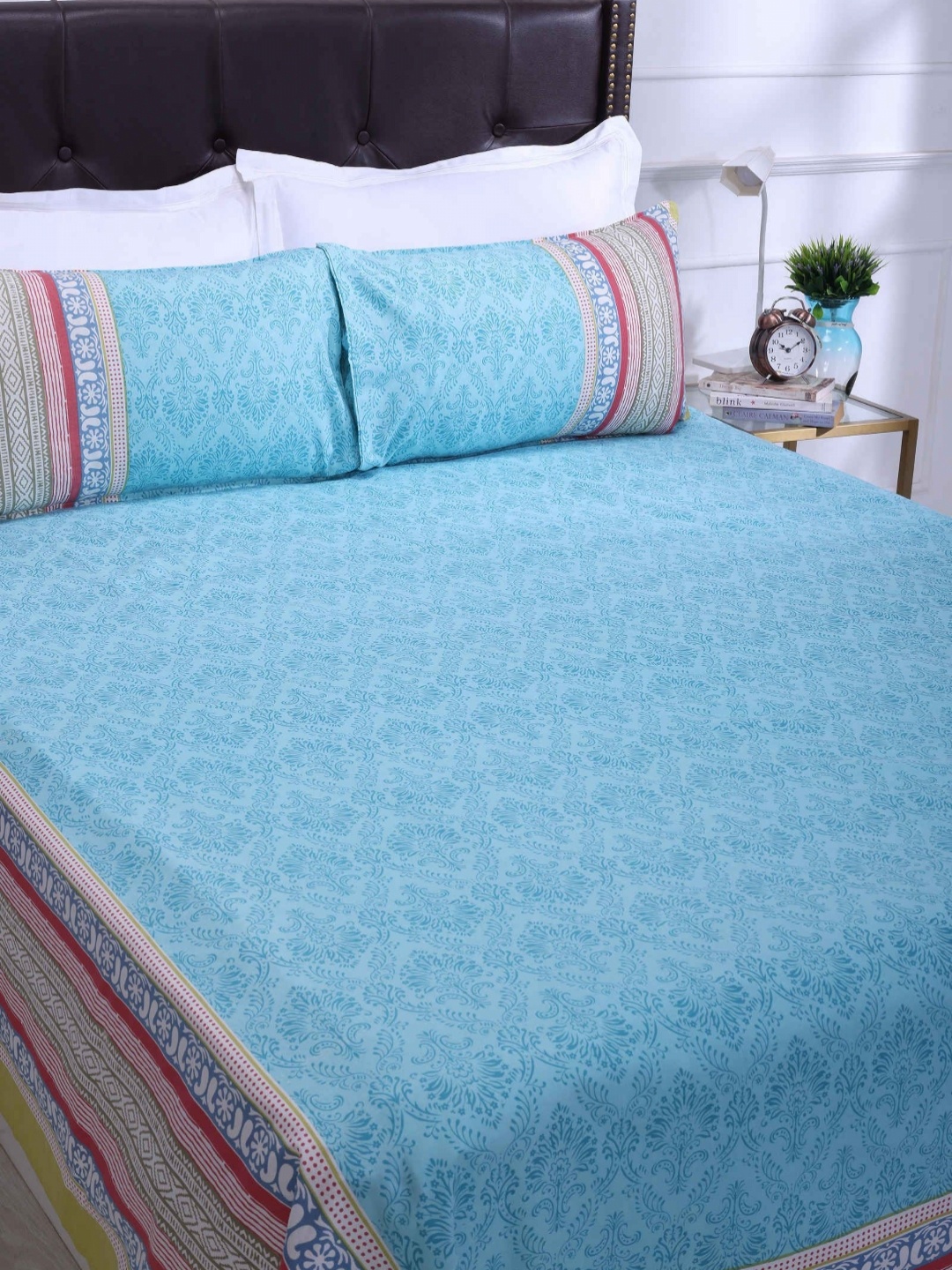 

SHAHENAZ Blue & Pink Floral Cotton 120 TC Queen Bedsheet with 2 Pillow Covers