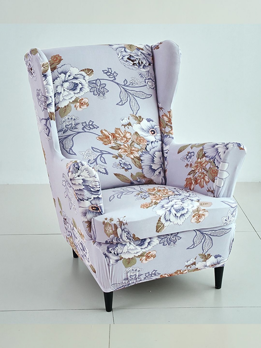 

HOKIPO Grey & Brown Floral Printed 140 GSM Stretchable Wing Chair Cover