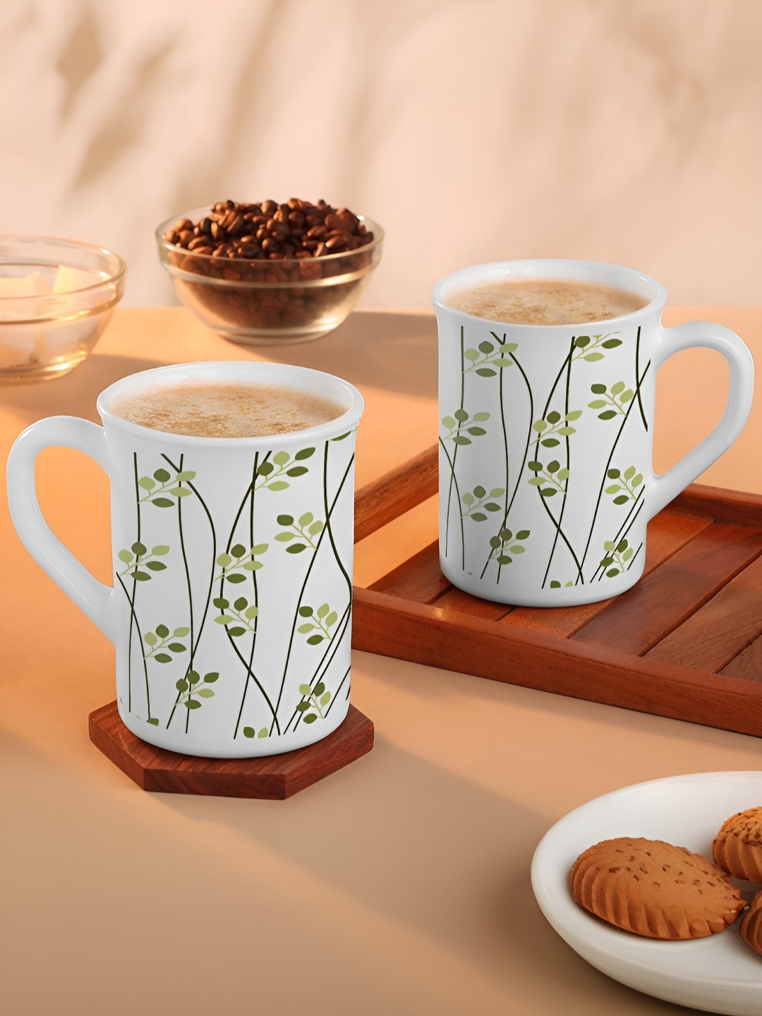 

Larah by BOROSIL White & Green Printed Opalware Matte Mugs Set of Cups and Mugs