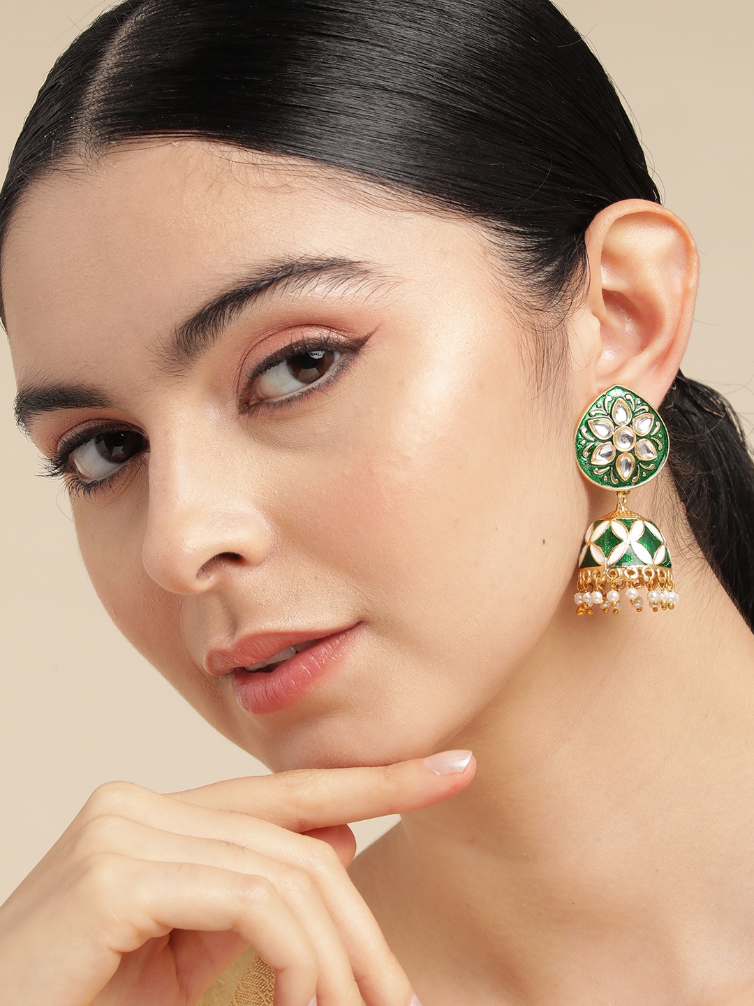 

Anouk Gold Plated Artificial Stones and Beads Meenakari Jhumkas Earrings, Green