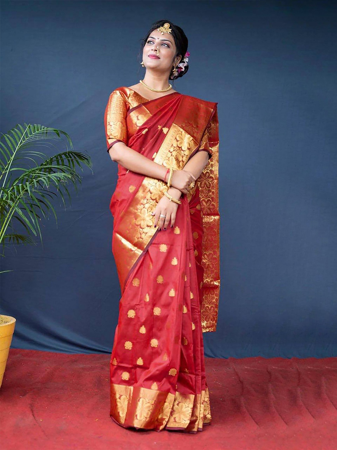 

KALINI Woven Design Zari Silk Blend Designer Banarasi Saree, Red