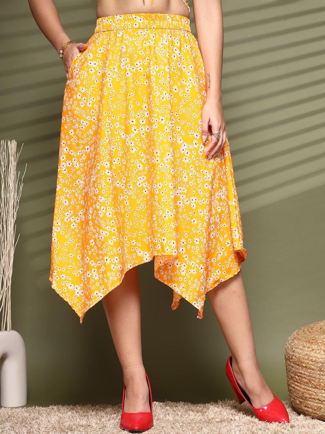 

Oomph! Floral Print Asymmetric Flared Midi Skirt, Yellow